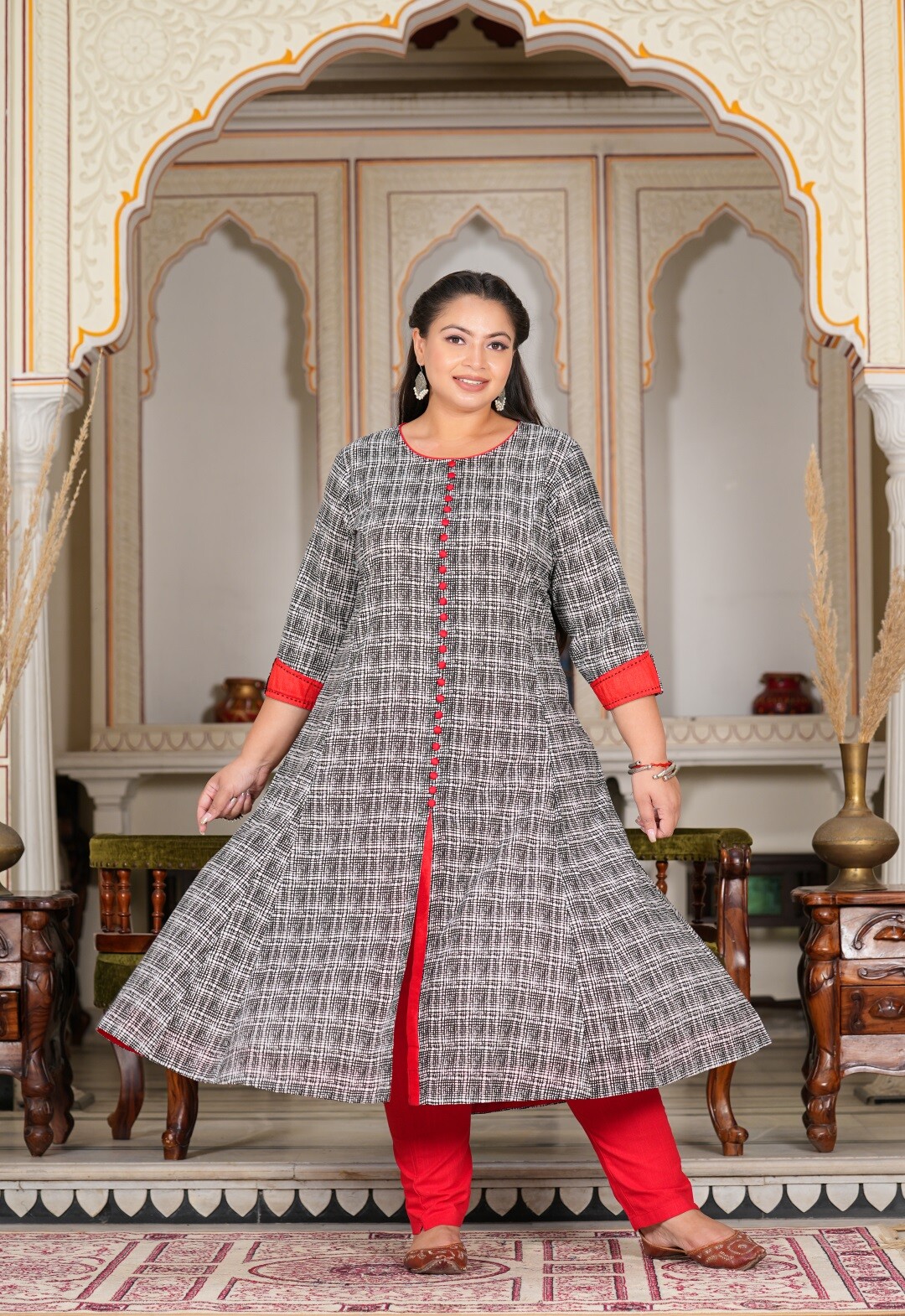 YASH GALLERY Women’s Plus Size Cotton Printed Grey Anarkali Kurta