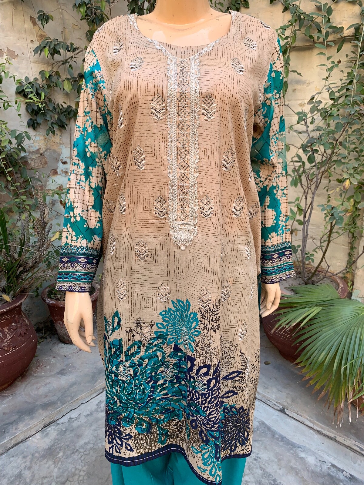 Pakistani Beige & Teal Printed Straight Shirt 3-PCS Lawn Suit w/ Threadwork ,L