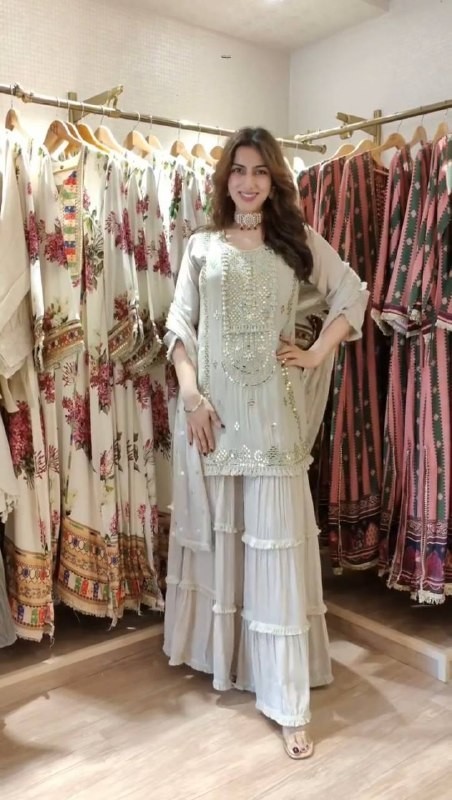 New Launching Grey Faux Georgette Top Palazzo With Dupatta For Women