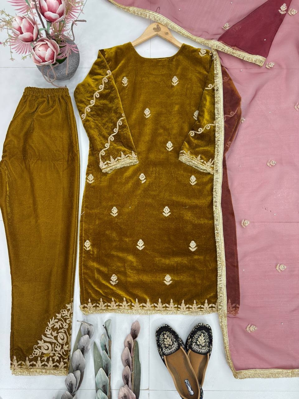 Presenting Viscose Velvet Mustard Yellow Salwar Kameez With Dupatta For Wedding