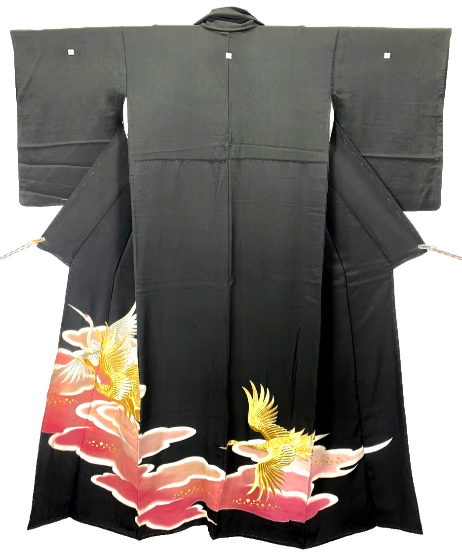 Vintage Japan Kurotomesode Silk Kimono Dress S Black Gold Embroidered Crane