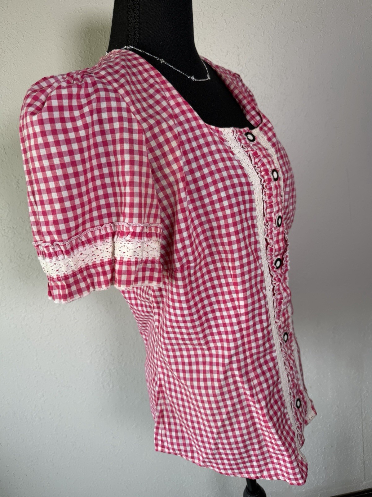 Red Gingham Traditional German Women’s Dirndl Blouse Lace Button Front Size L