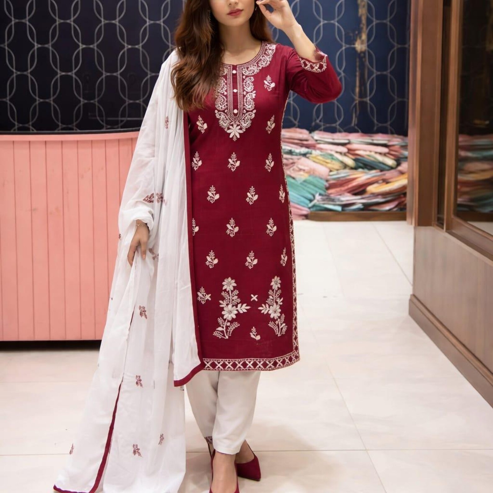 3 Pcs Pure Cotton Maroon Floral Chikankari Kurta Pant With Dupatta Set Plus Size