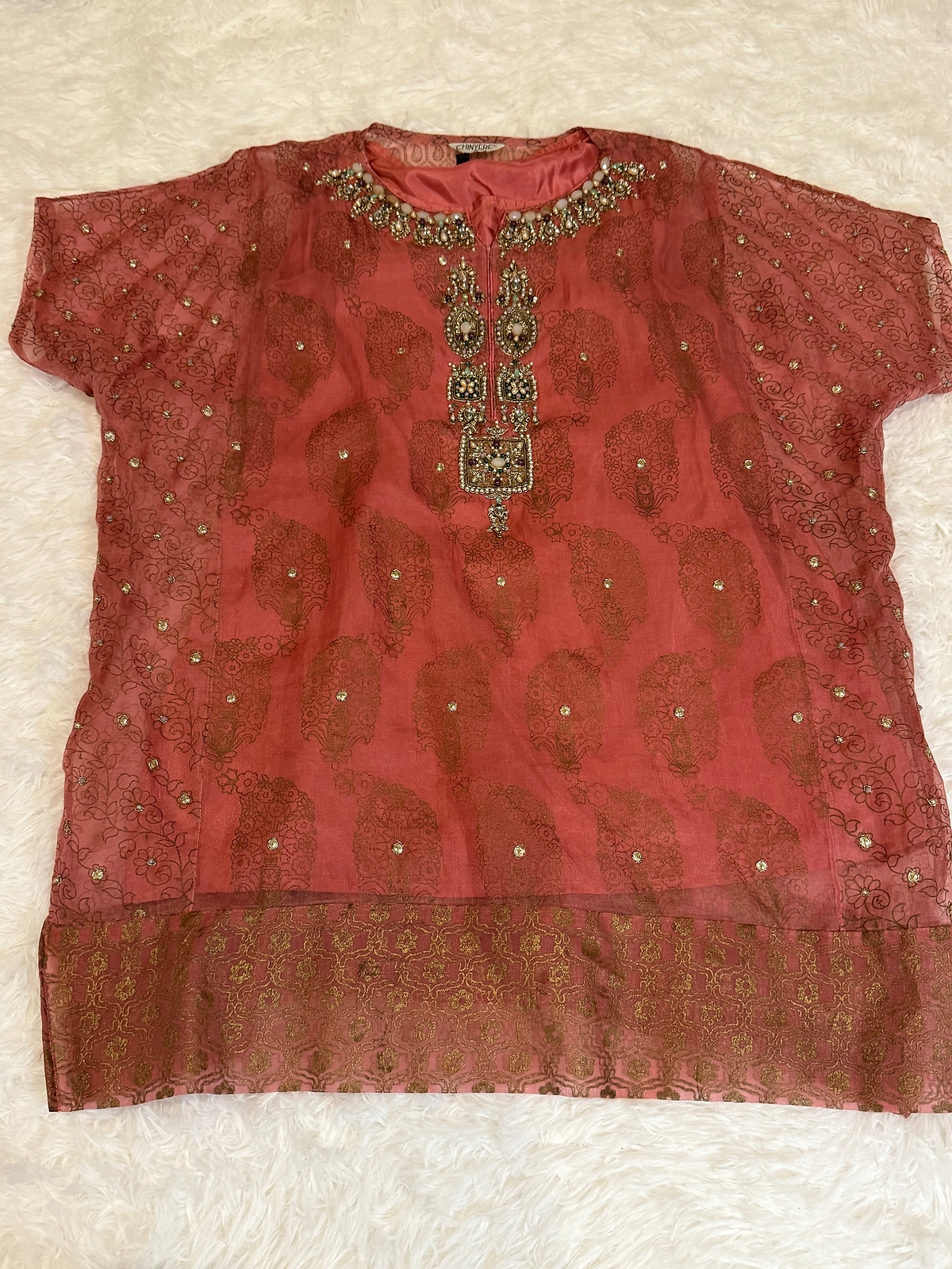 Chinyere Tea Pink Box Cut Top with Golden Block Printing and Beautiful Gota and
