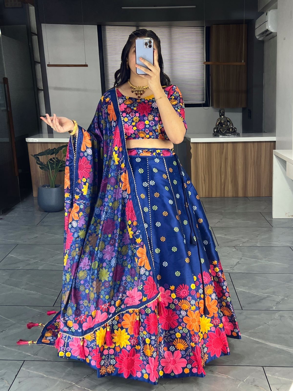 Traditional Navy Blue Lehenga Choli Print Gota Patti Festive Wear Set