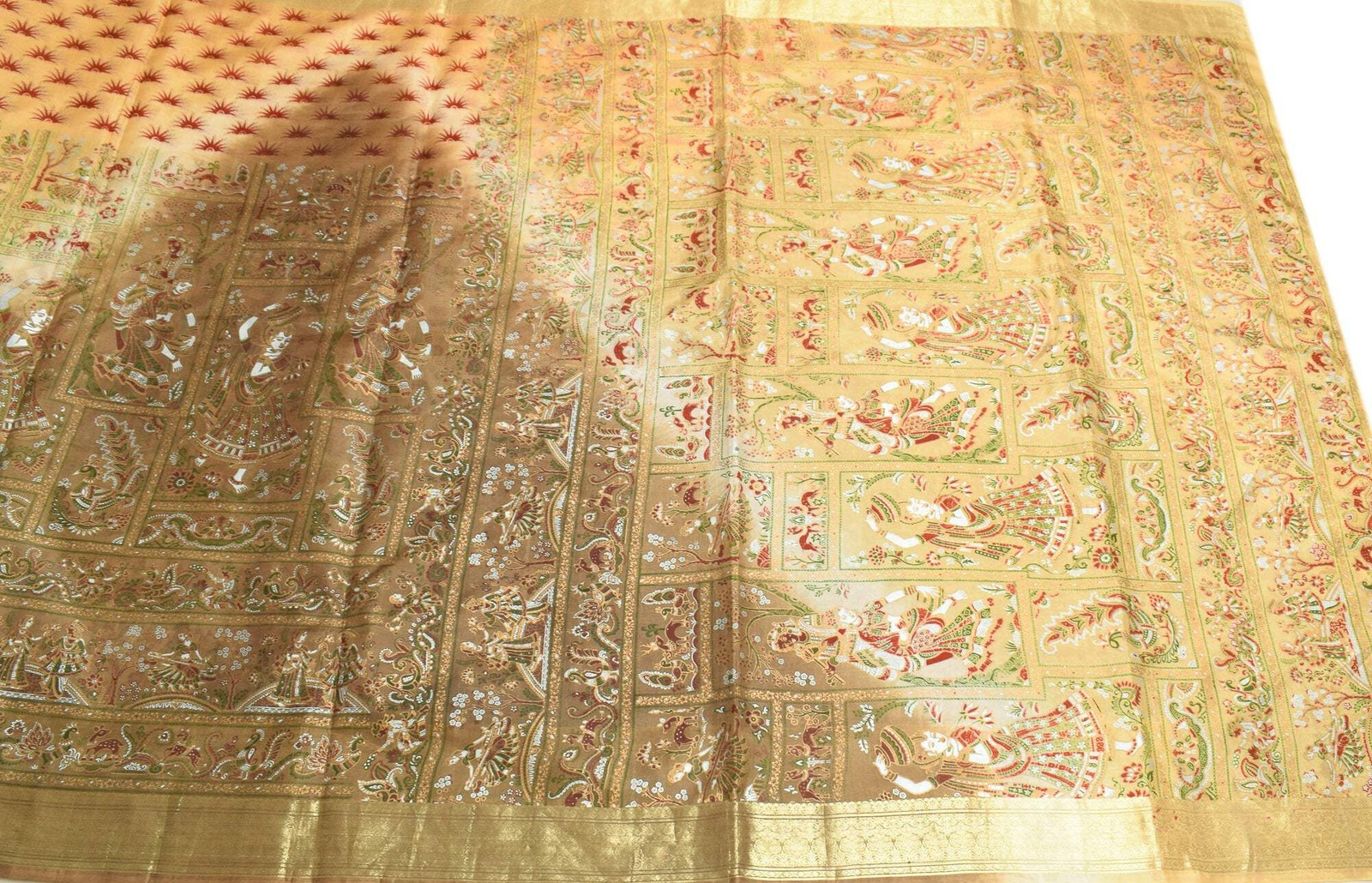 Sushila Vintage Yellow & Green Saree Printed Figure Pure Silk Sari Soft Craft Fa