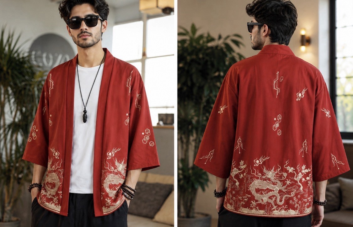 Unisex Dragon Print Kimono Cardigan Japanese Streetwear Yukata Haori Top Size L