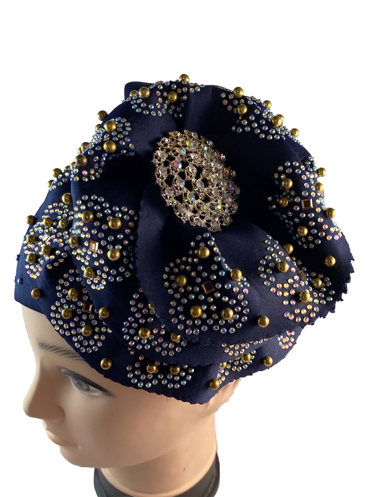 African Women Spandex Ornate Stretch Turban Hat Ladies Head Piece ~ Navy Blue