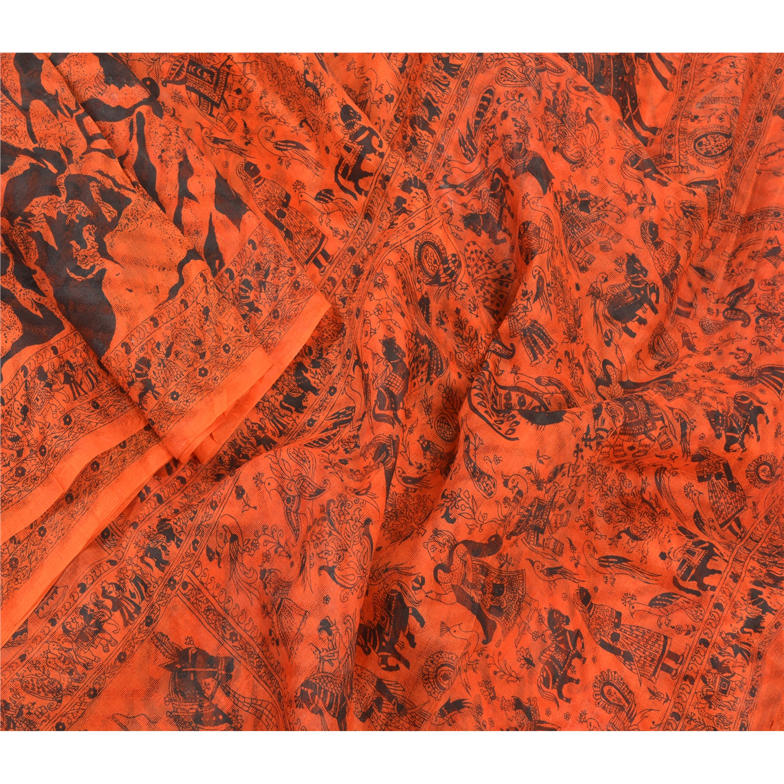 Sanskriti Vintage Orange/Black Sarees Pure Silk Human & Animal Print Sari Fabric