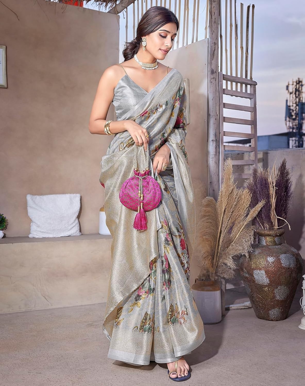 Women Art Silk Floral Printed Kanjivaram Saree with Blouse Material
