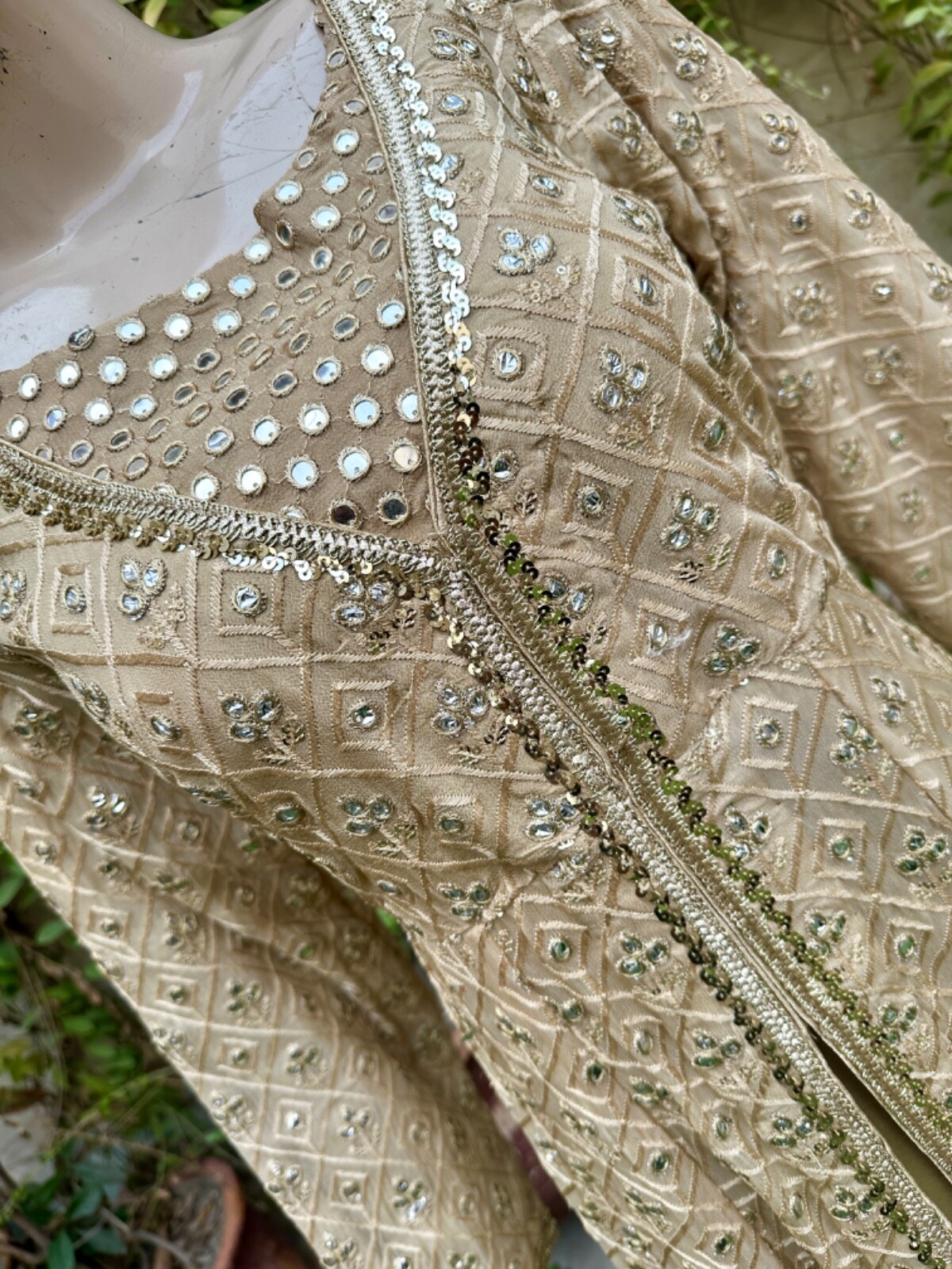 Pakistani Beige double Long Maxi Style Embroidered Sequins Chiffon Dress,L#1