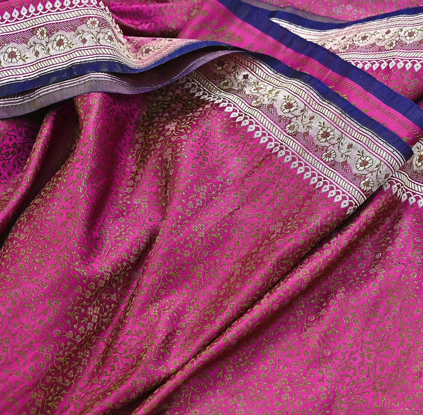 Indian Vintage Sari Pink Heavy Pure Satin Silk Woven Banarasi Tanchoi Saree 5yd
