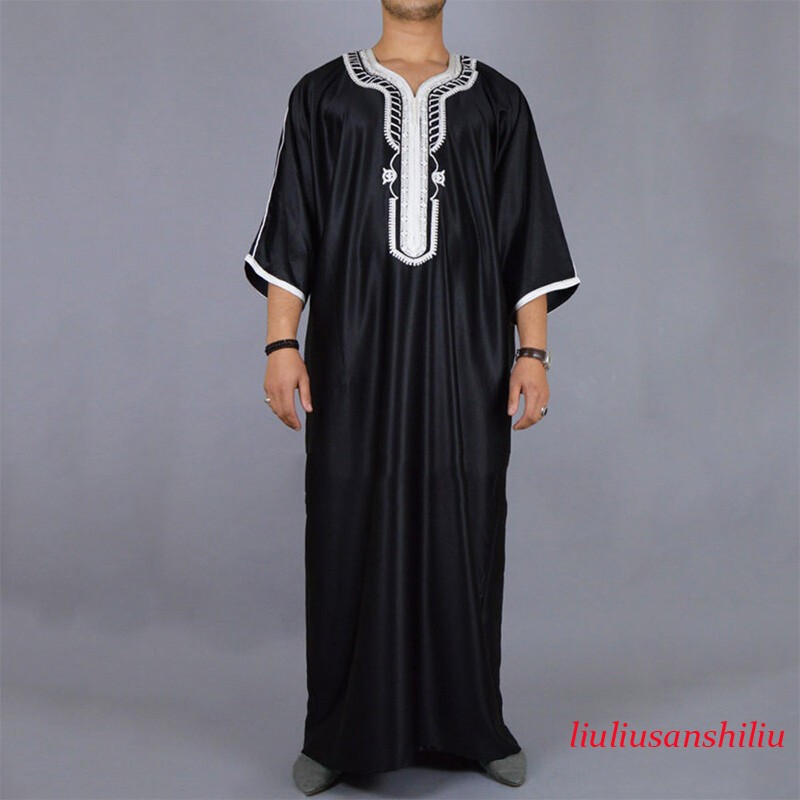 Muslim Men’s Black Robe Short Sleeves Embroidered Arabic Ethnic Style Clothes 1x