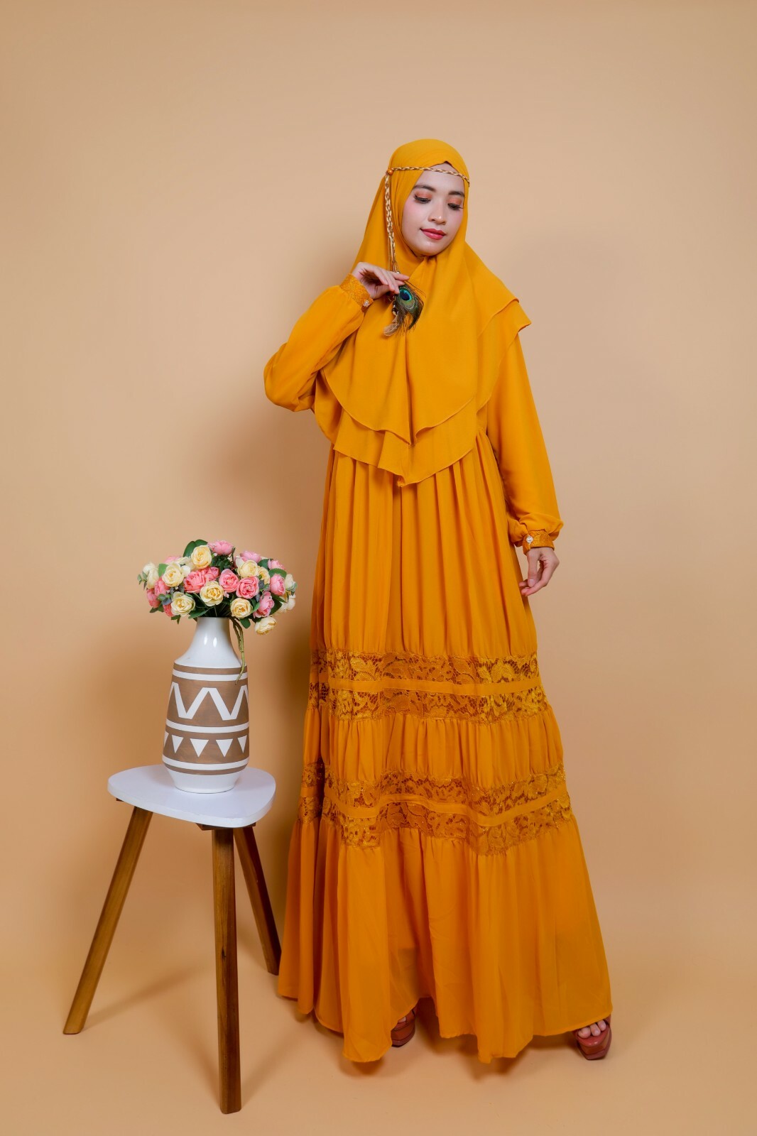 yellow two Piece khimaars & Dress, Women Abaya, Prayer Dress, muslim wrap dress