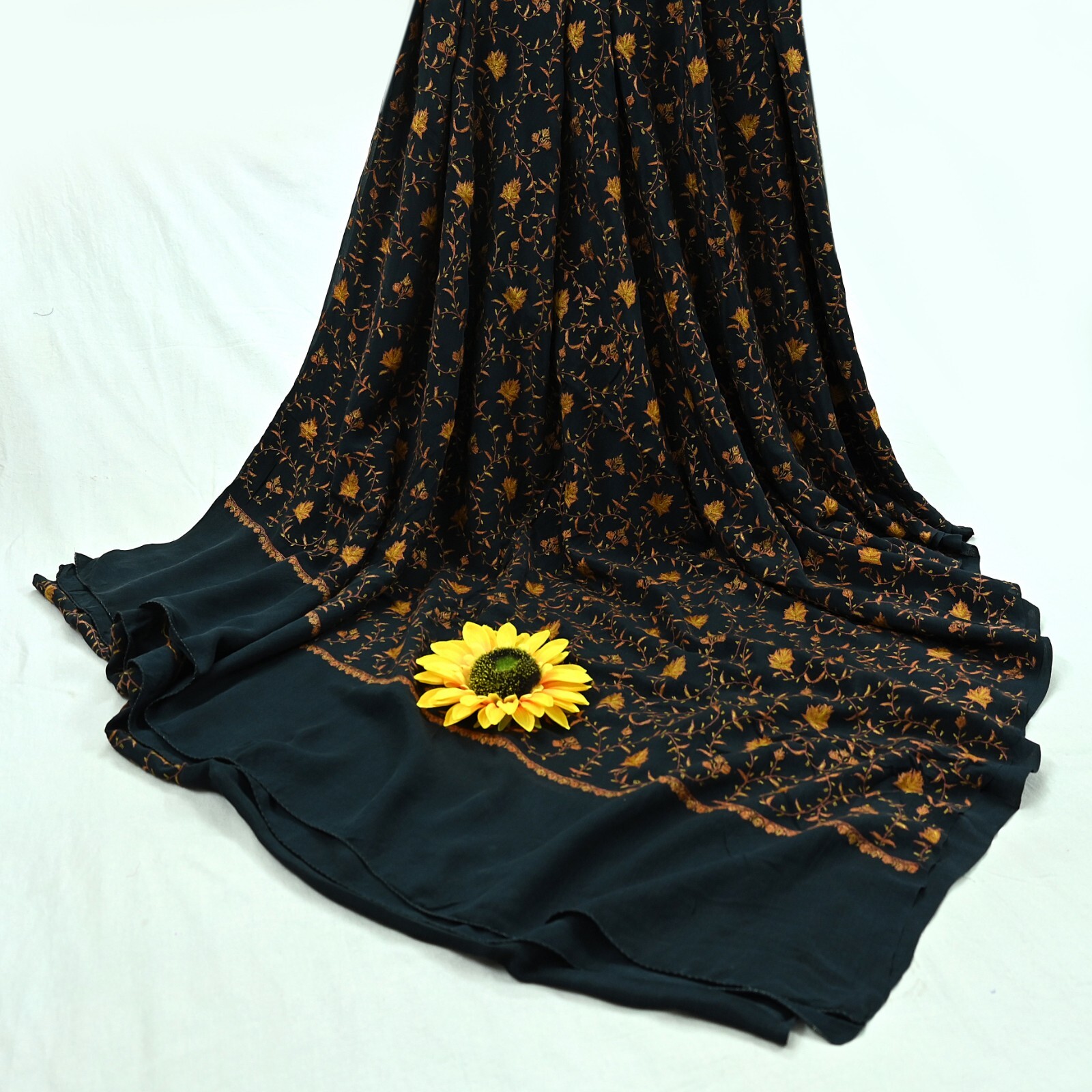 Antique Vintage Sari Black Crepe Silk Hand Embroidered Kashmiri Suzani Saree 5yd