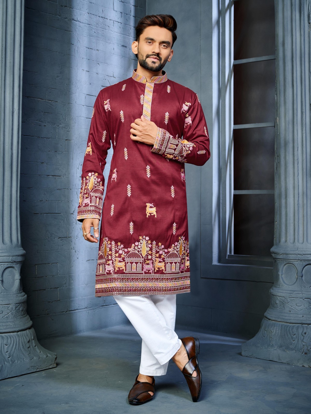 Men’s Maroon Embroidered Kurta Indian Wedding Party Wear Designer Ethnic Outfit