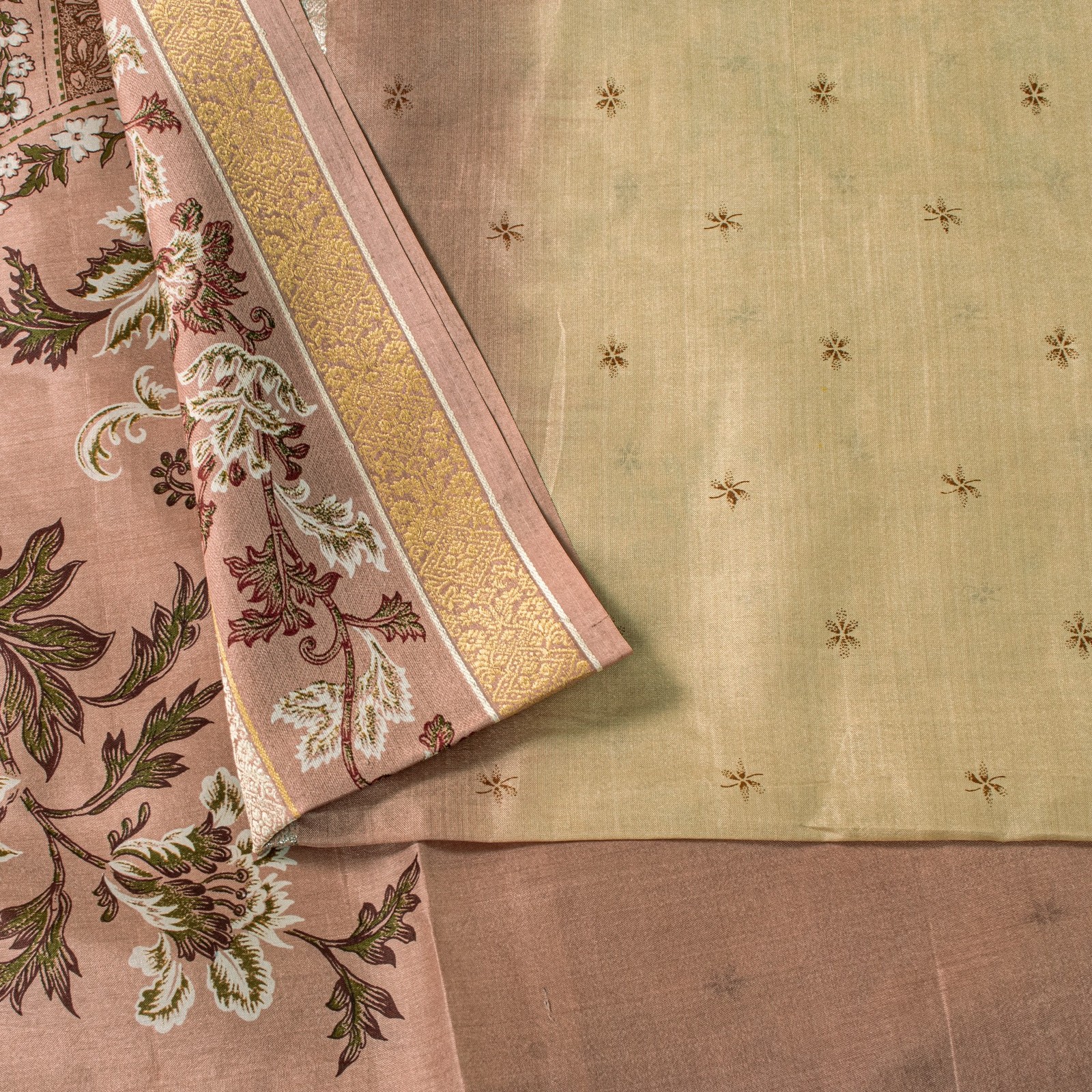 Sanskriti Vintage Soft Cream-Pink Pure Silk Sari Digital Print Floralsaree 5.5Yd