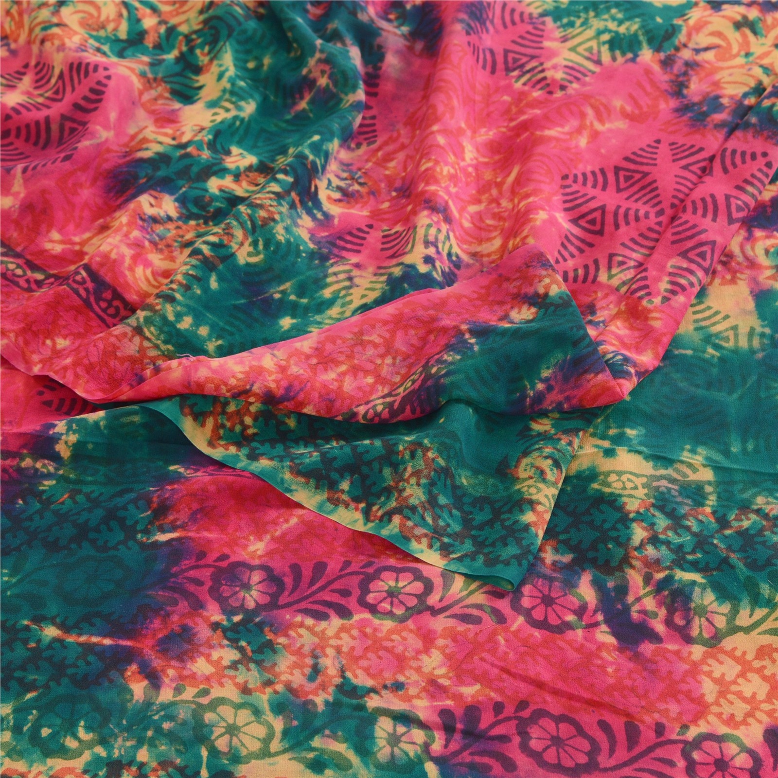 Sanskriti Vintage Tie-Dye Hot Pink Sarees Pure Georgette Silk Sari Craft Fabric