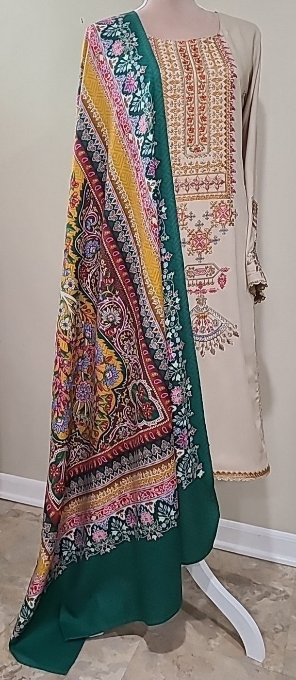 Pakistani 3PC Kameez Shalwar Dupatta Shawl Beige Women Size L Cotton PRE-OWNED