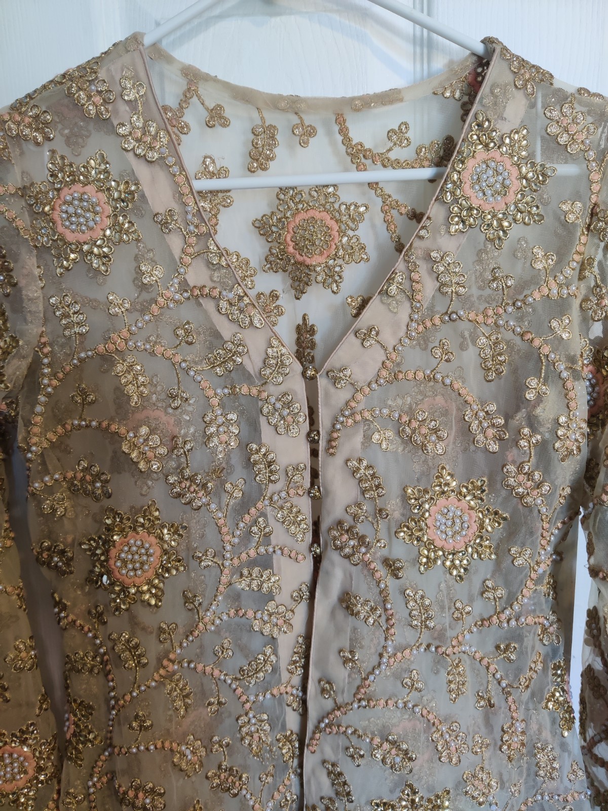 Pakistani Net Sequin Beige Embroidered Salwar Kameez Set with Dupatta