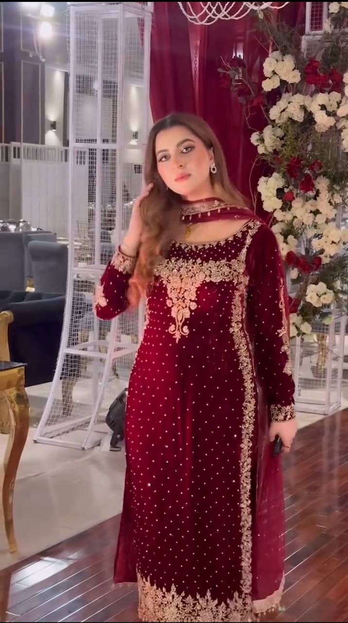 Luxe Classic Red Velvet Signature Designer Suit Set With Rich Embroidery Touch