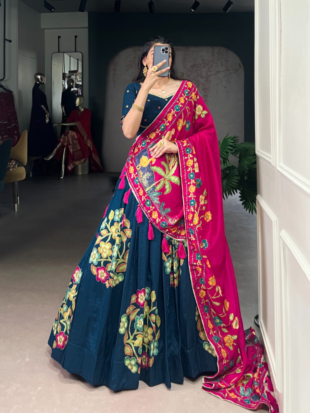 Indian Traditional Tasar Silk Lehenga Choli Foil Print Cultural Outfit For Women