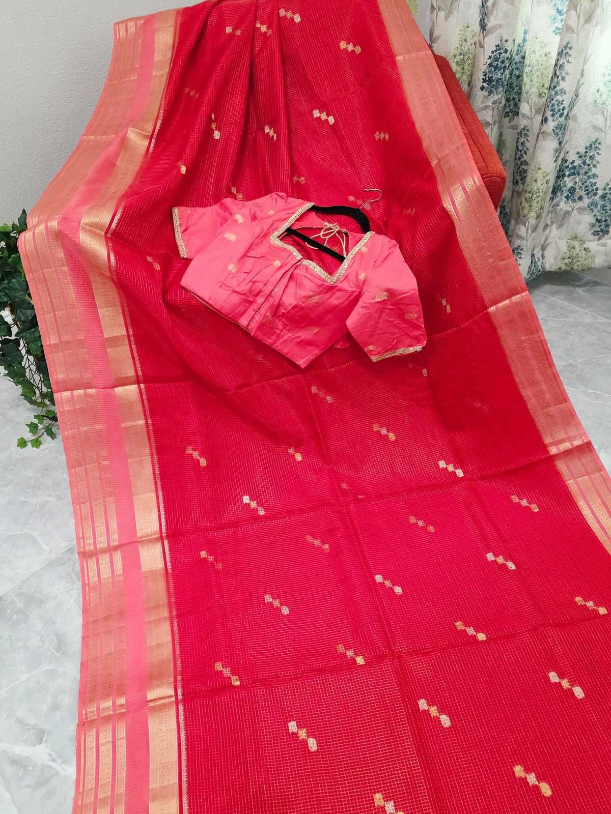 Ruby Red Russian Dola Crepe Silk Saree Elephant Butta Blouse 34-40