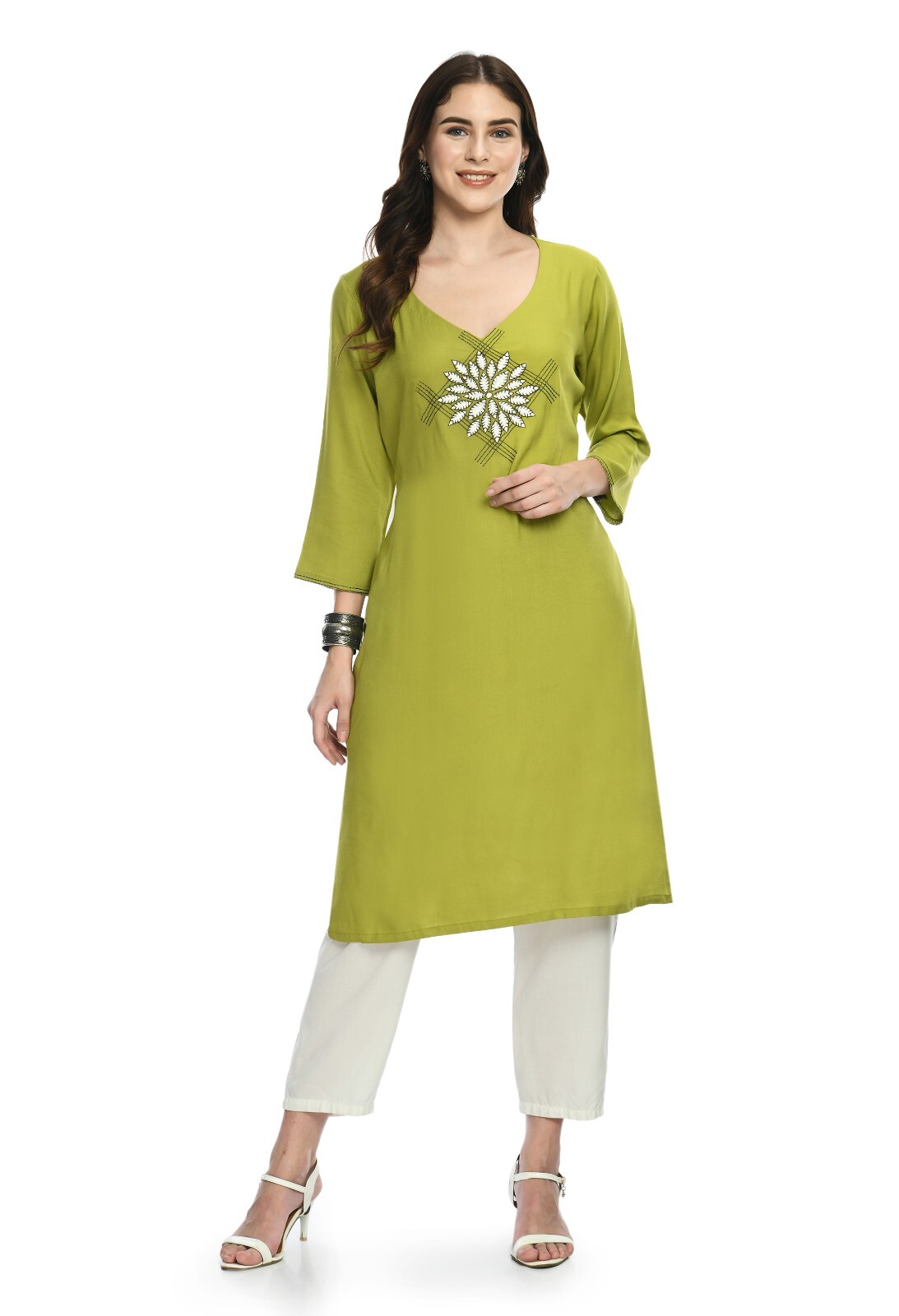 Anuchaa Green Embroidered A-Line Kurti
