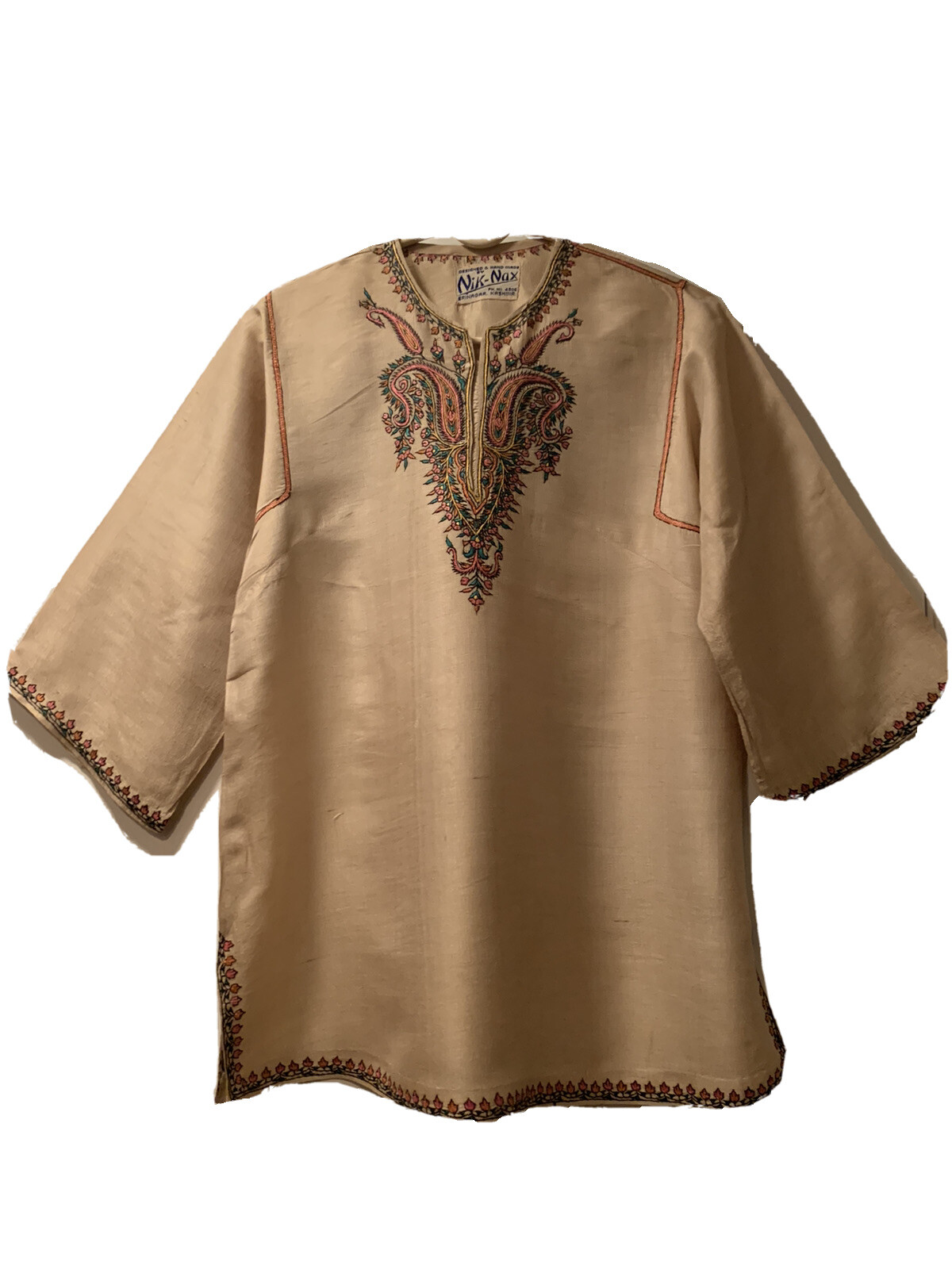 Designer Blouse Kurta Top 100% Natural Beige 100% Silk w Kashmir Hand Embroidery