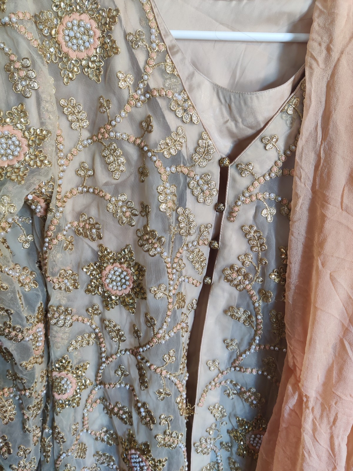 Pakistani Net Sequin Beige Embroidered Salwar Kameez Set with Dupatta