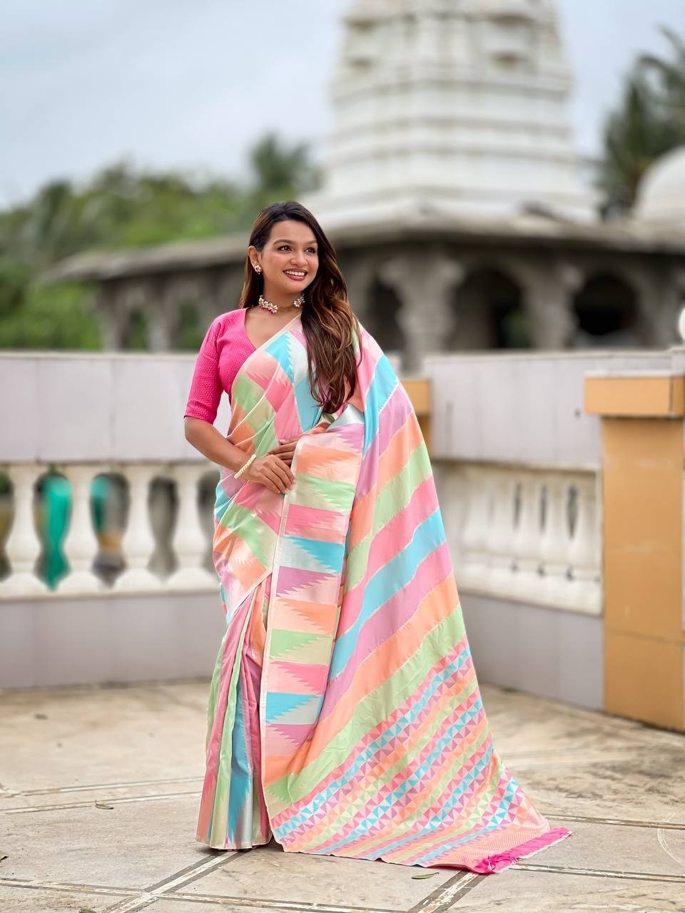Reception Wear Multi Color Banarasi Silk Saree With Blouse For Women & Girls