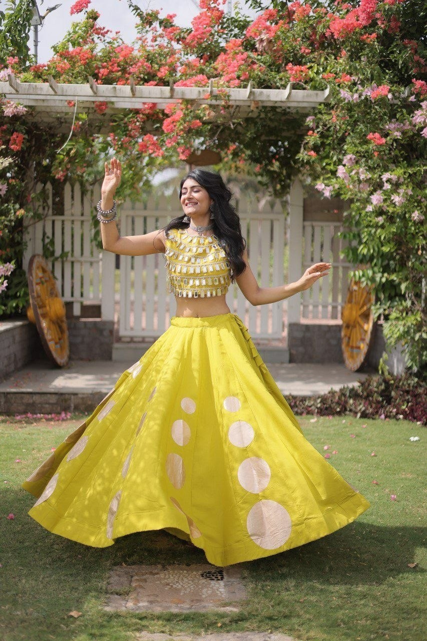 Yellow Roman Silk Lehenga Choli Mirror Lace Gota Work Haldi Ceremony Wear