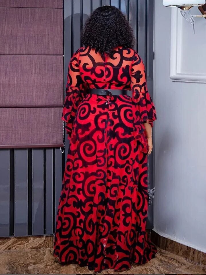 african Elegant Dress Size Large With Belt . Dress Mesh Red Fabric Wit Black Ve