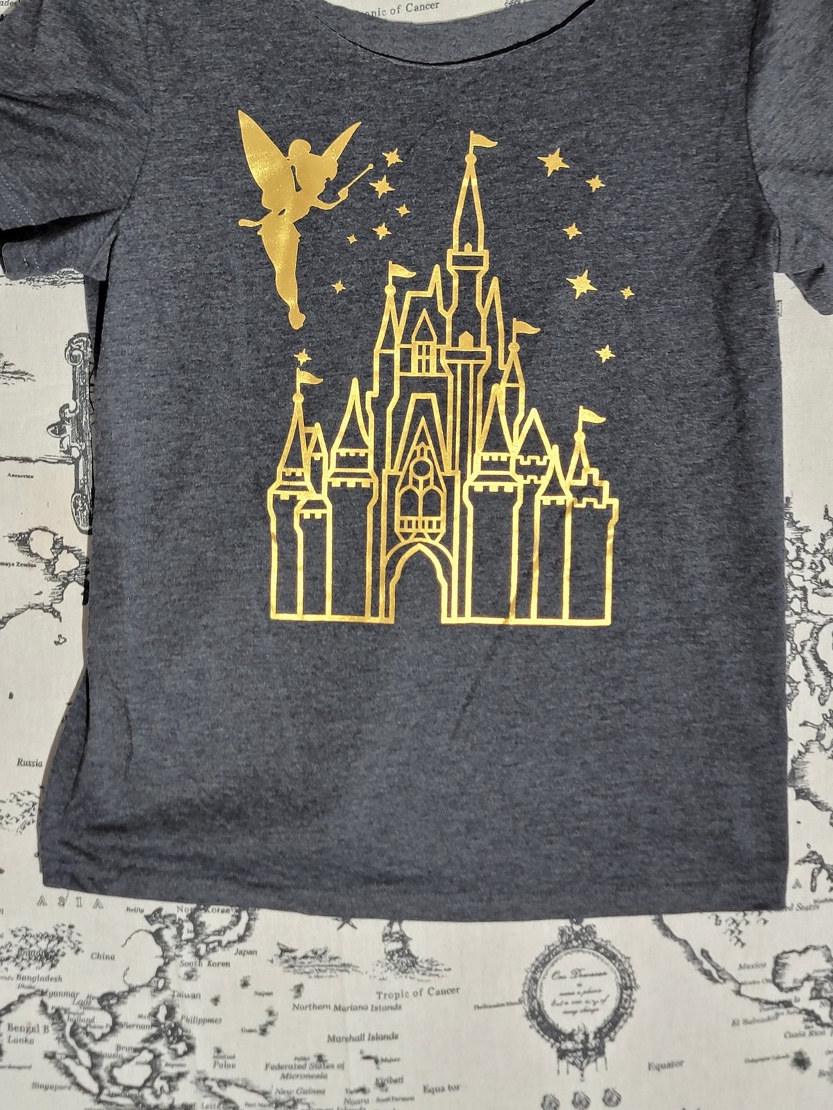 Disney Fairy Castle T-Shirt Women’s Gold Foil Print Short Sleeve Top