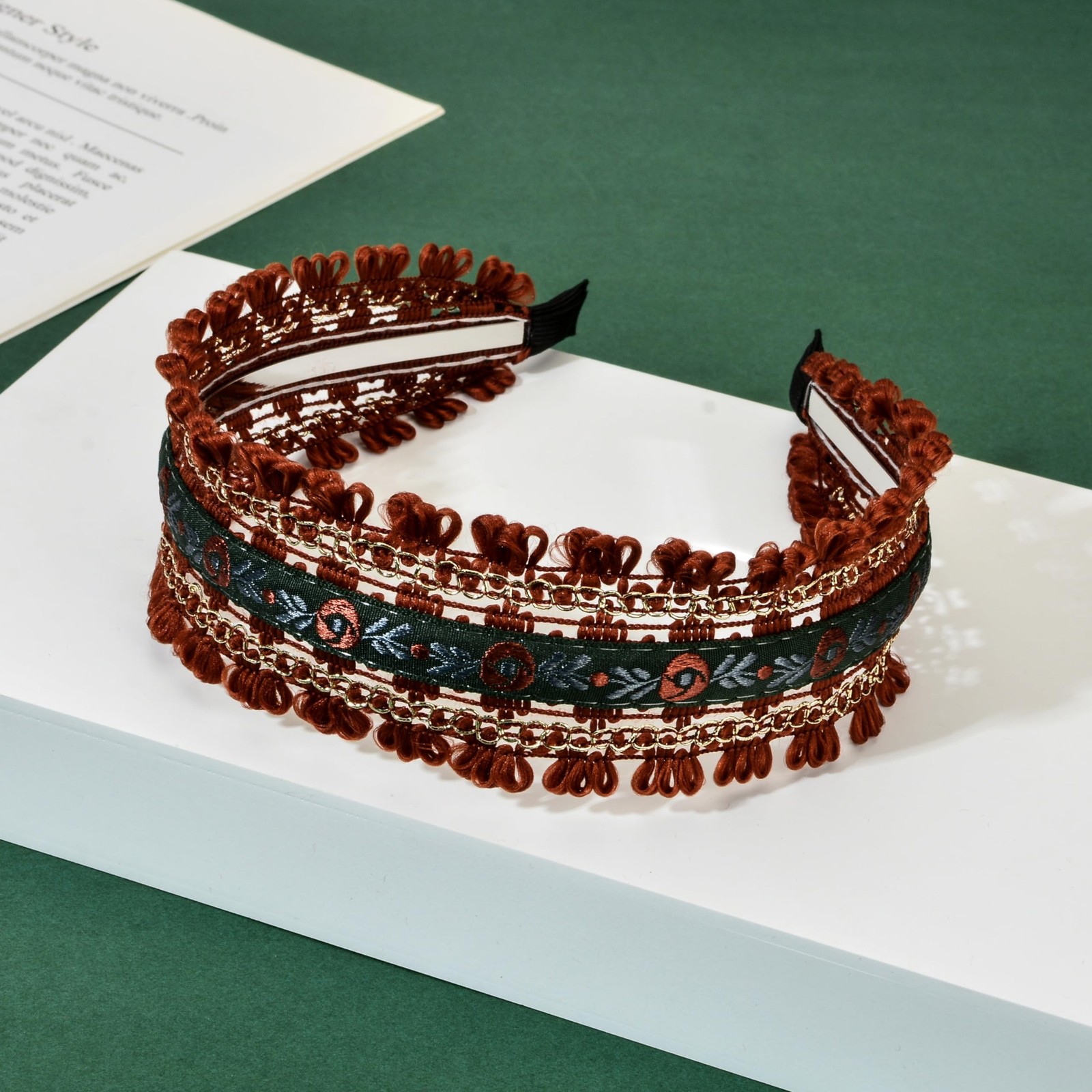 Boho Ethnic Wind Embroidery with Floral Headband Non-slip Elastic Brown Metal…
