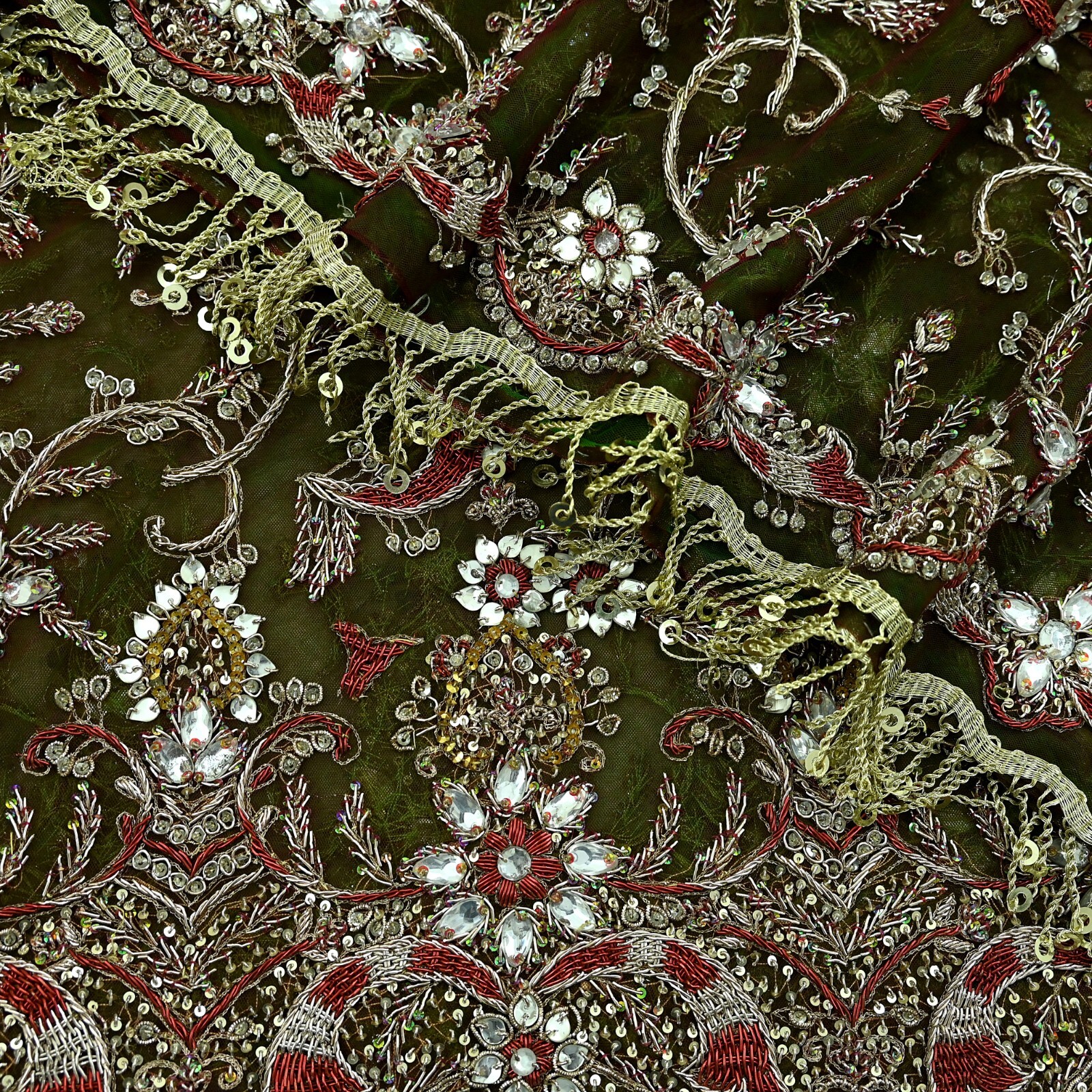Vintage Heavy Green & Maroon Dupatta Net Mesh Long Stole Hand Embroidered Veil