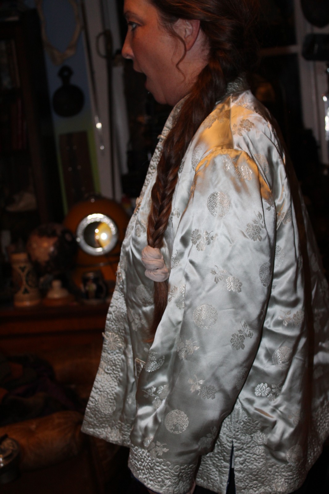Vintage Chinese Jacket Blue Peonies Satin Floral Jacquard Reversible Med