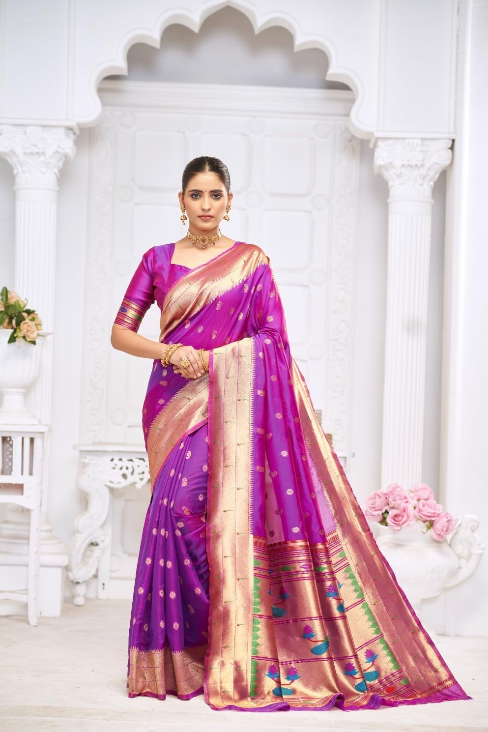 Women’s paithani silk saree with golden zari woven and blouse piece
