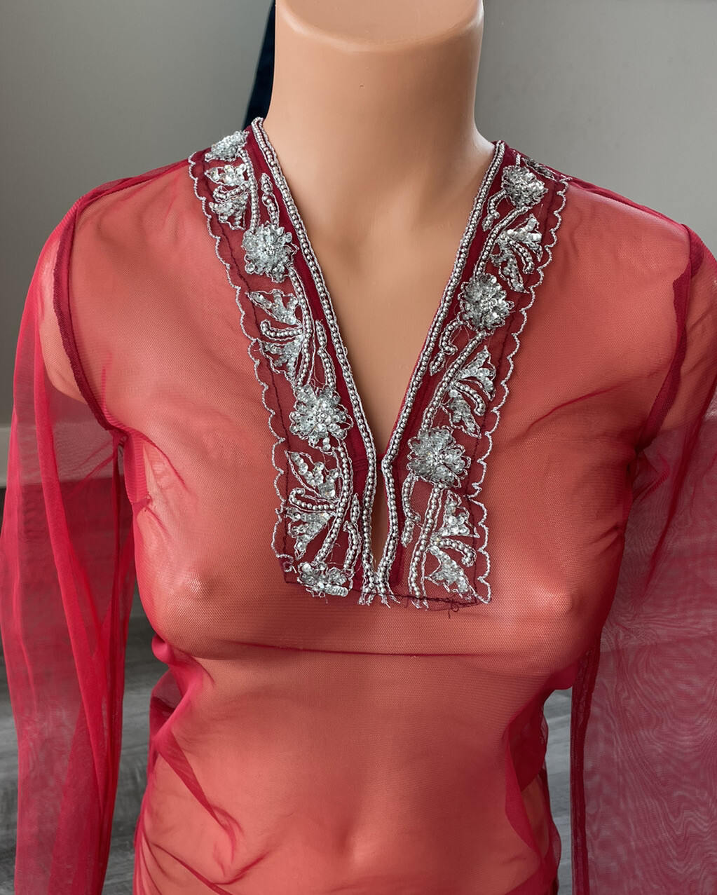 Passport Red Mesh Indian Tunic Top Kurti Kurta S NWT Silver Beading Sequins