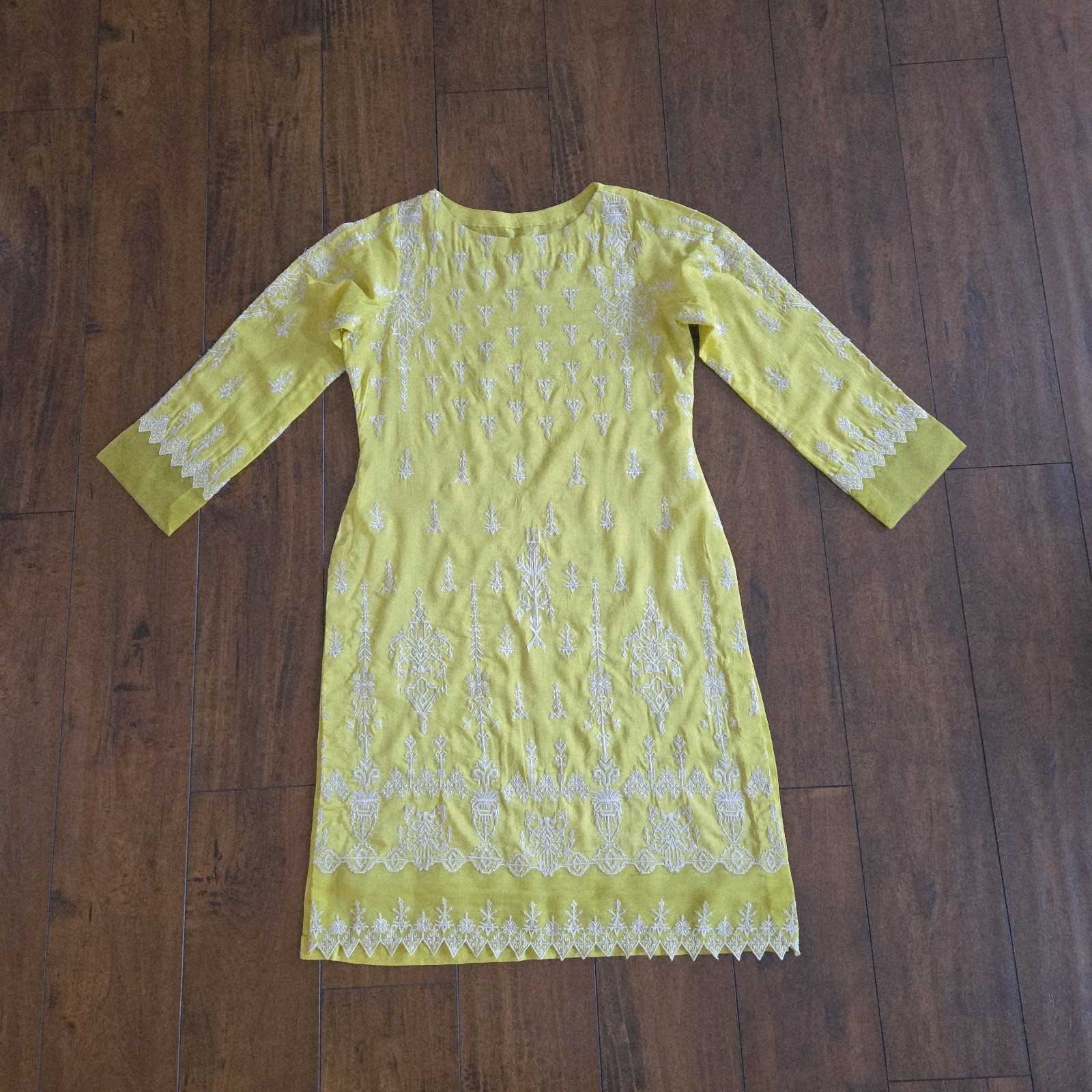 Embroidered Lime Yellow Top Shirt Long Kurti Cotton Silk Organza Size S/M