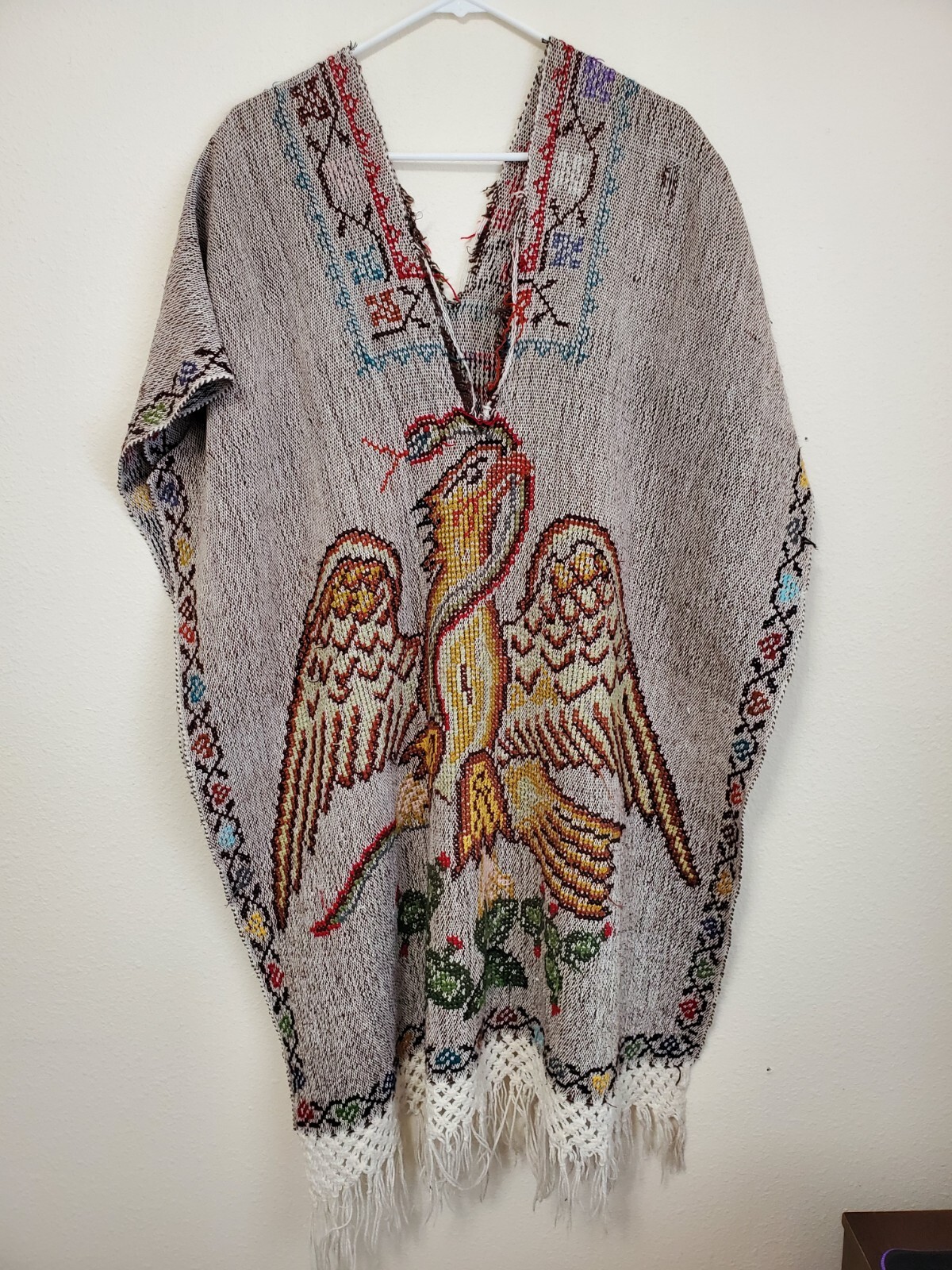 Vintage Mexican HAND Embroidered Poncho With Phoenix And Serpent Design