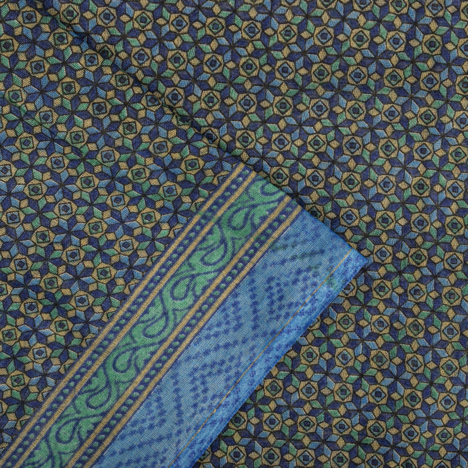 Sanskriti Vintage Saree Blue Pure Cotton Geometric Printed Fabric 5+Yard Sari