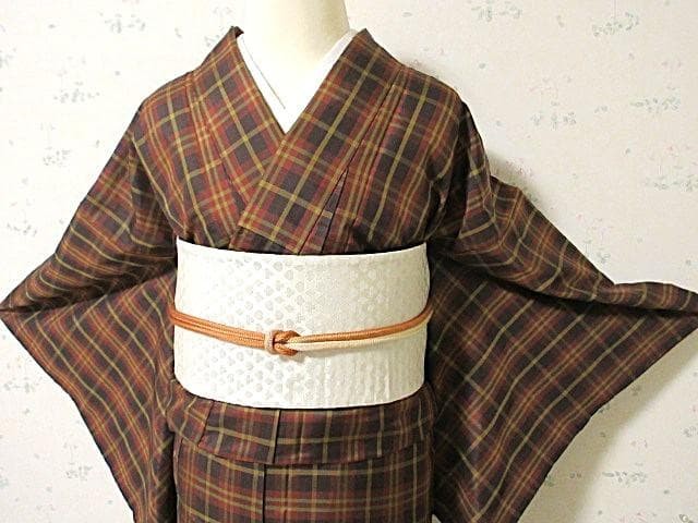 Kimono Tartan Check Silk Robe Size 9 Elegant Coffee Wine Ochre AllSeason Vintage