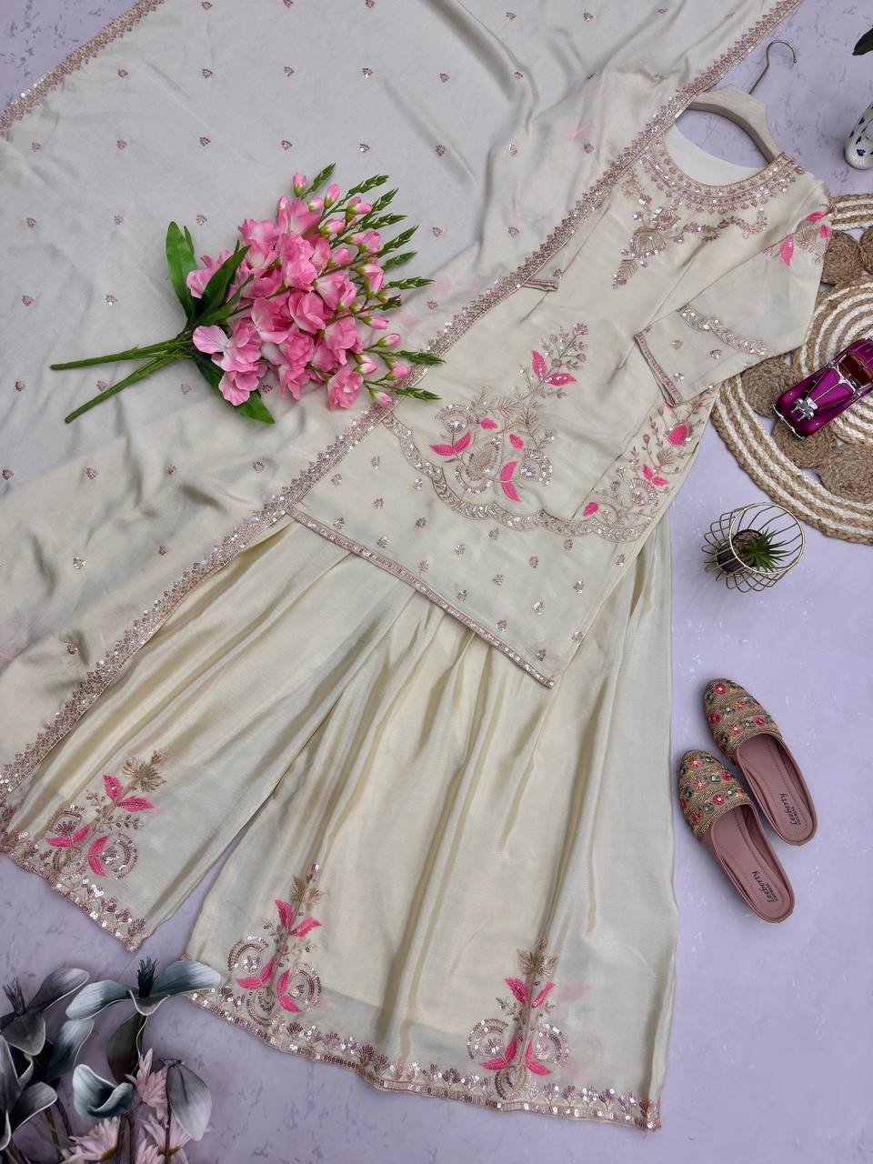 Eid Reception Party Wear Chinon Silk Sharara Plazzo Suit