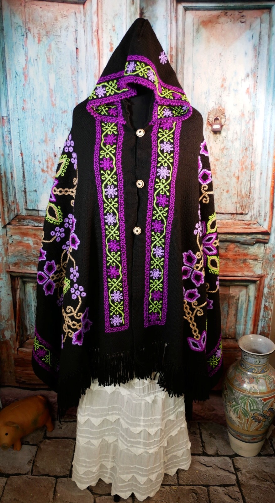 Hooded Poncho Serape Handwoven Hand Embroidered Mazahua Indigenous Mexican Folk