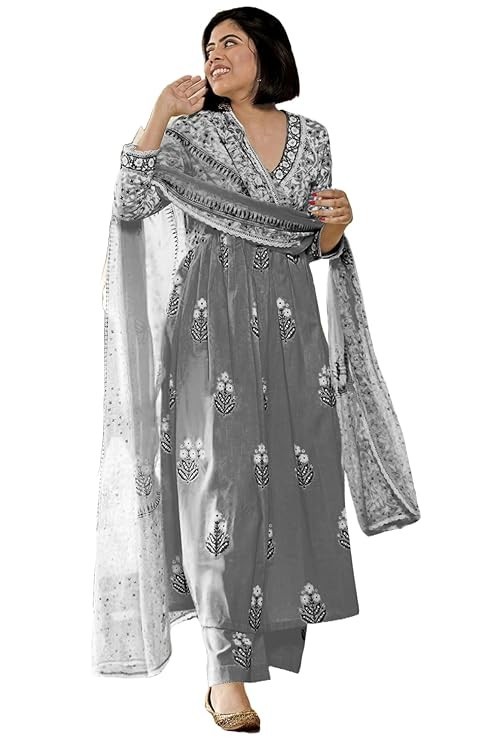 Women’s Rayon Blend Anarkali Printed Kurta with Pant & Dupatta