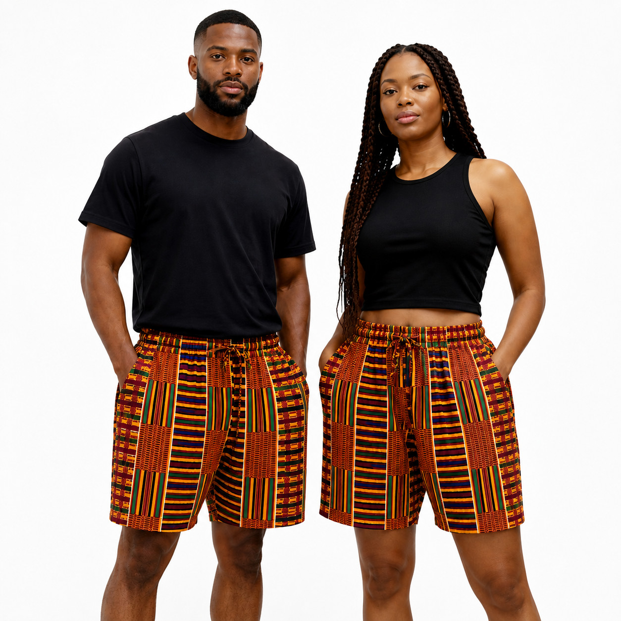 African Kente Print Shorts 100% Cotton Unisex Free Size & Plus Size Pockets