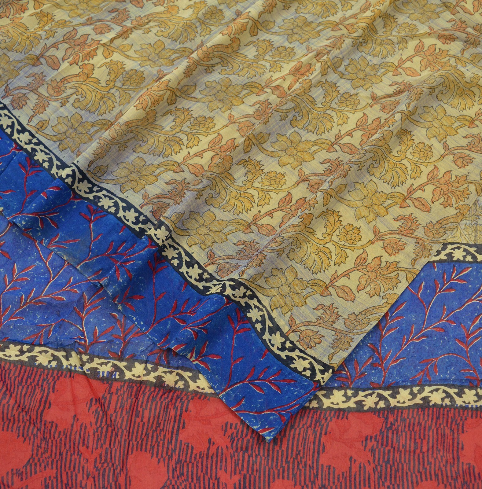 Indian Vintage Sari Beige & Blue Pure Georgette Silk Sarees Craft Fabric Sewing