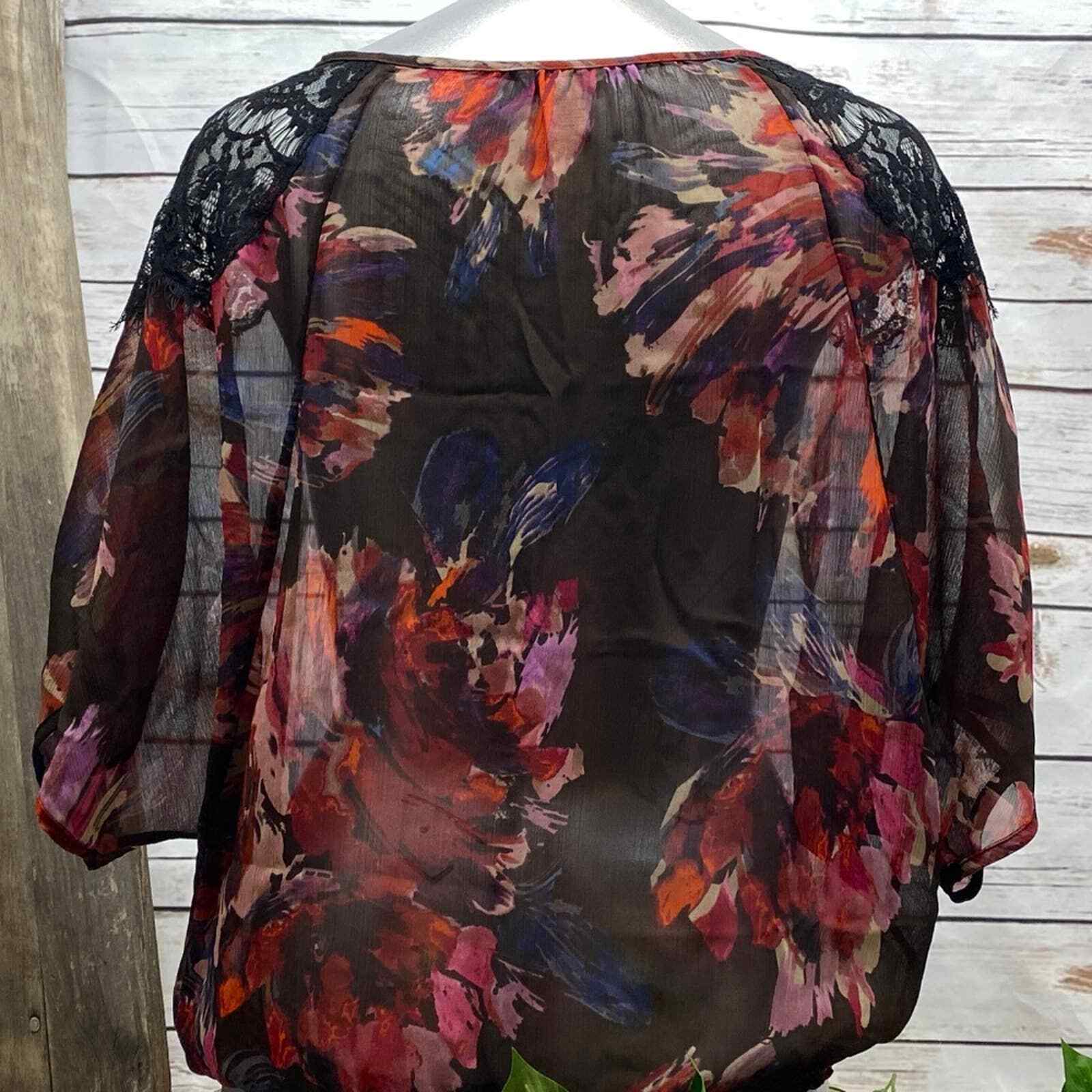 Cache Floral Top Lace See-Through Shoulders M Gathered elastic waist Black Pink