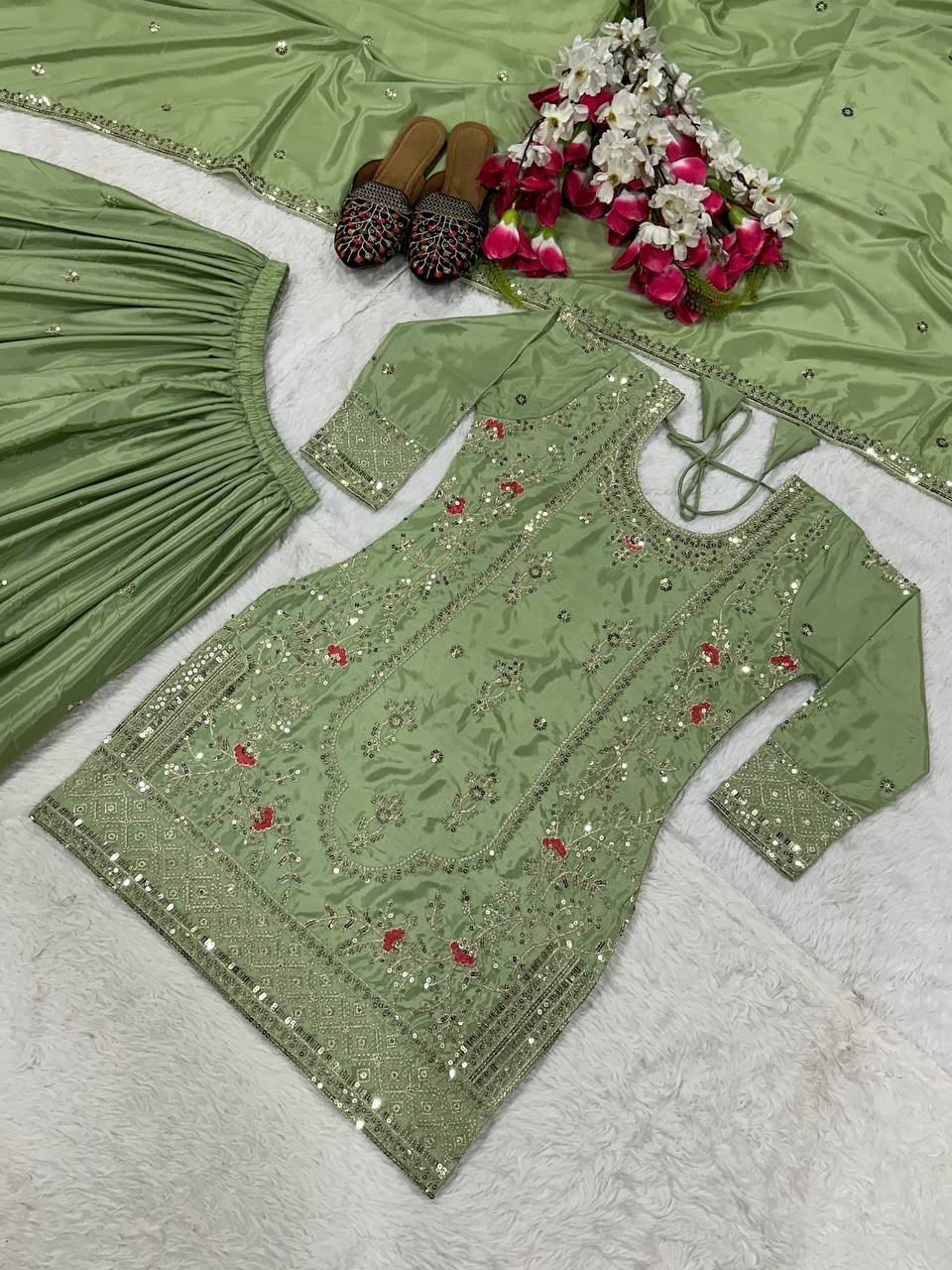 Attractive Look Natural Crep Sage Green Kurta Palazzo With Dupatta For Wedding